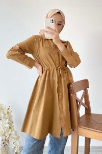 Modalamelif Gömlek Yaka Beli Bağcıklı Tunik Camel