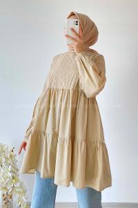 Modalamelif Hakim Yaka Eteği Fırfırlı Tunik Bej