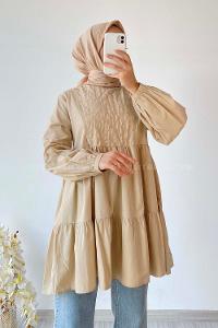 Modalamelif Hakim Yaka Eteği Fırfırlı Tunik Bej