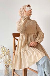 Modalamelif Hakim Yaka Eteği Fırfırlı Tunik Bej