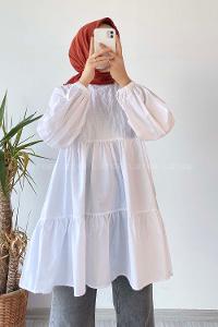 Modalamelif Hakim Yaka Eteği Fırfırlı Tunik Beyaz