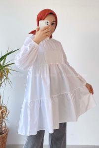 Modalamelif Hakim Yaka Eteği Fırfırlı Tunik Beyaz
