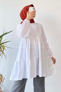 Modalamelif Hakim Yaka Eteği Fırfırlı Tunik Beyaz