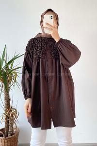 Modalamelif Hakim Yaka Fırfırlı Büzgülü Tunik Acıkahve