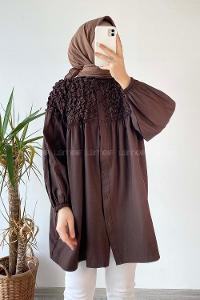 Modalamelif Hakim Yaka Fırfırlı Büzgülü Tunik Acıkahve