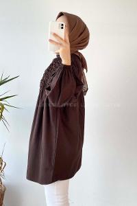 Modalamelif Hakim Yaka Fırfırlı Büzgülü Tunik Acıkahve