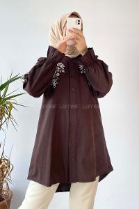 Modalamelif Kol Lastikli Nakış İşlemeli Gömlek Acıkahve