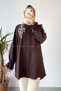 Modalamelif Kol Lastikli Nakış İşlemeli Gömlek Acıkahve