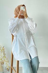 Modalamelif Kuşak Bağlama Detaylı Fırfırlı Tunik Beyaz