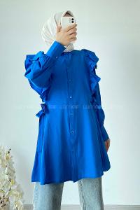 Modalamelif Kuşak Bağlama Detaylı Fırfırlı Tunik Mavi