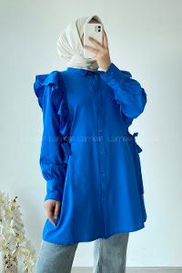 Modalamelif Kuşak Bağlama Detaylı Fırfırlı Tunik Mavi