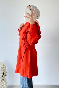Modalamelif Kuşak Bağlama Detaylı Fırfırlı Tunik Oranj