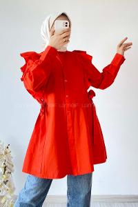 Modalamelif Kuşak Bağlama Detaylı Fırfırlı Tunik Oranj