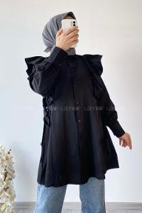 Modalamelif Kuşak Bağlama Detaylı Fırfırlı Tunik Siyah