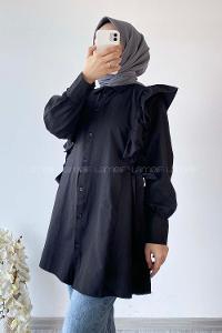 Modalamelif Kuşak Bağlama Detaylı Fırfırlı Tunik Siyah