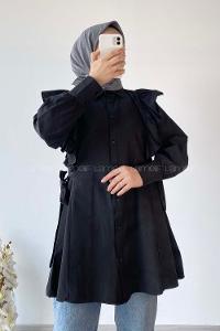 Modalamelif Kuşak Bağlama Detaylı Fırfırlı Tunik Siyah