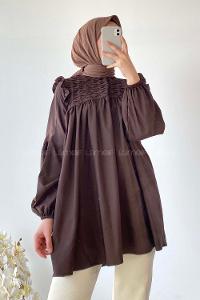 Modalamelif Omuz Fırfırlı Önü Büzgülü Tunik Acıkahve