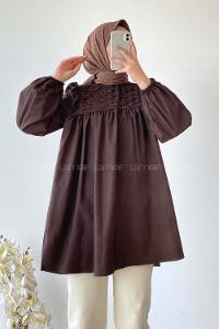 Modalamelif Omuz Fırfırlı Önü Büzgülü Tunik Acıkahve