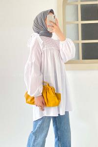 Modalamelif Omuz Fırfırlı Önü Büzgülü Tunik Beyaz
