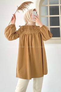 Modalamelif Omuz Fırfırlı Önü Büzgülü Tunik Camel