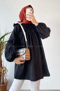 Modalamelif Omuz Fırfırlı Önü Büzgülü Tunik Siyah