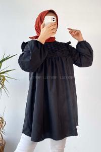 Modalamelif Omuz Fırfırlı Önü Büzgülü Tunik Siyah