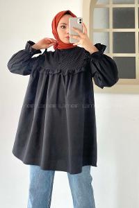 Modalamelif Omuz Fırfırlı Pileli Tunik Siyah