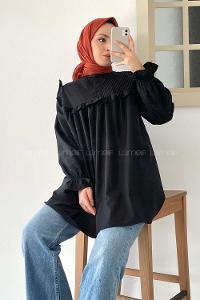 Modalamelif Omuz Fırfırlı Pileli Tunik Siyah