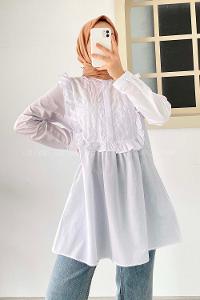 Modalamelif Önü Gizli Düğmeli Dikiş Detaylı Tunik Beyaz