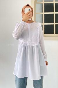 Modalamelif Önü Gizli Düğmeli Dikiş Detaylı Tunik Beyaz