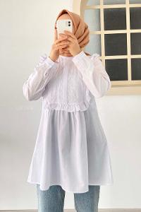 Modalamelif Önü Gizli Düğmeli Dikiş Detaylı Tunik Beyaz