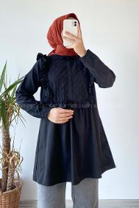 Modalamelif Önü Gizli Düğmeli Dikiş Detaylı Tunik Siyah