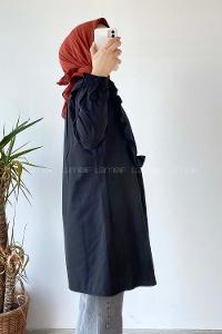 Modalamelif Önü Gizli Düğmeli Dikiş Detaylı Tunik Siyah