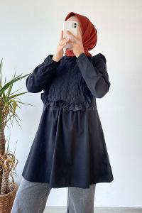 Modalamelif Önü Gizli Düğmeli Dikiş Detaylı Tunik Siyah