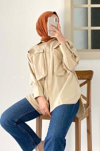 Modalamelif Asimetrik Bombe Cep Detaylı Gömlek Bej