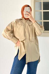 Modalamelif Asimetrik Bombe Cep Detaylı Gömlek Bej
