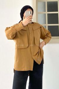 Modalamelif Asimetrik Bombe Cep Detaylı Gömlek Camel