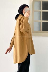 Modalamelif Asimetrik Bombe Cep Detaylı Gömlek Camel