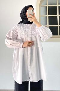 Modalamelif Hakim Yaka Fırfırlı Büzgülü Tunik Beyaz
