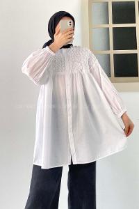 Modalamelif Hakim Yaka Fırfırlı Büzgülü Tunik Beyaz