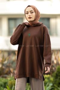 Modalamelif Kapüşonlu Kaplumbağa Nakışlı Sweat Acıkahve