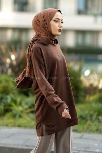 Modalamelif Kapüşonlu Kaplumbağa Nakışlı Sweat Acıkahve