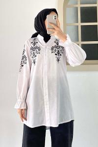 Modalamelif Kol Lastikli Nakış İşlemeli Tunik Beyaz