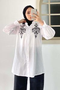 Modalamelif Kol Lastikli Nakış İşlemeli Tunik Beyaz