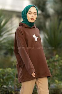 dek Nakışlı Kapüşonlu Sweat Acıkahve