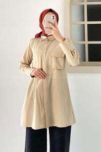 Modalamelif Tek Cepli Pile Detaylı Tunik Bej