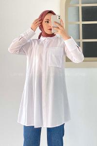 Modalamelif Tek Cepli Pile Detaylı Tunik Beyaz