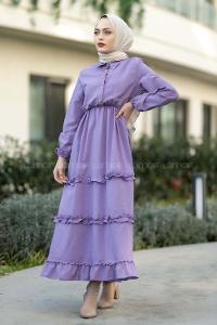 Modalamelif Terikoton Fırfırlı Yarım Düğmeli Elbise Lila