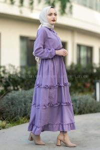 Modalamelif Terikoton Fırfırlı Yarım Düğmeli Elbise Lila