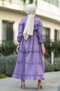 Modalamelif Terikoton Fırfırlı Yarım Düğmeli Elbise Lila
